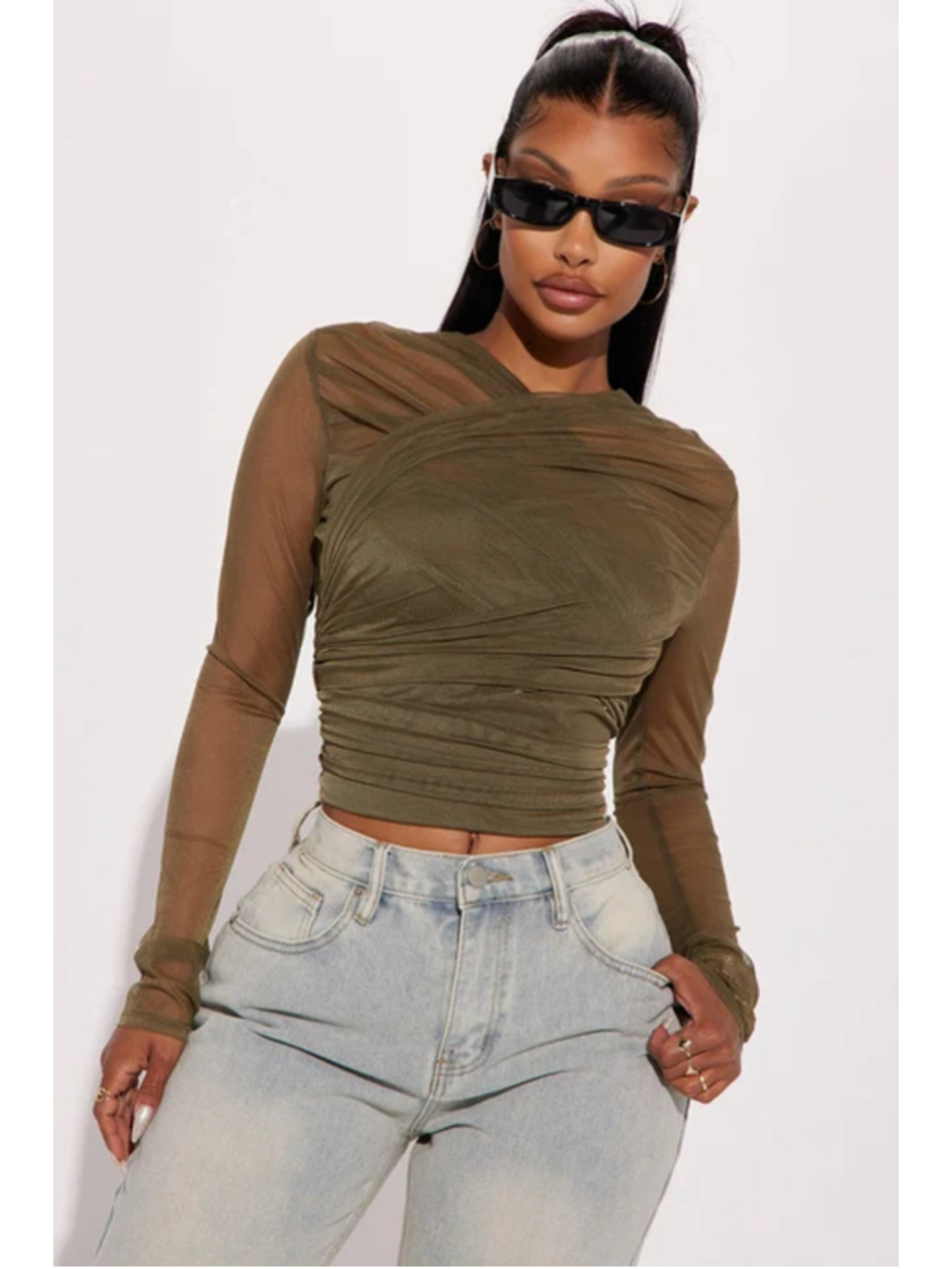 Fashion Nova Olive Mesh Ruched Long Sleeve Blouse Size M